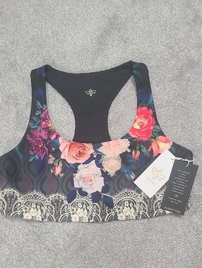 Johnny Was Reversible  Black Floral Lace-Trim Racerback Sports Bra